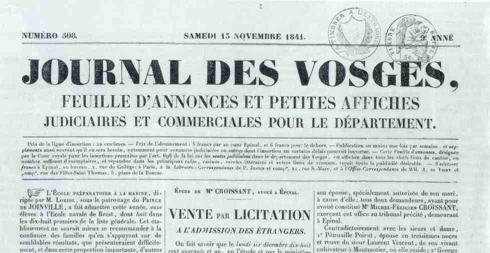 Première page du <em>Journal des Vosges</em>, imprimé à Épinal par Alexis Cabasse.