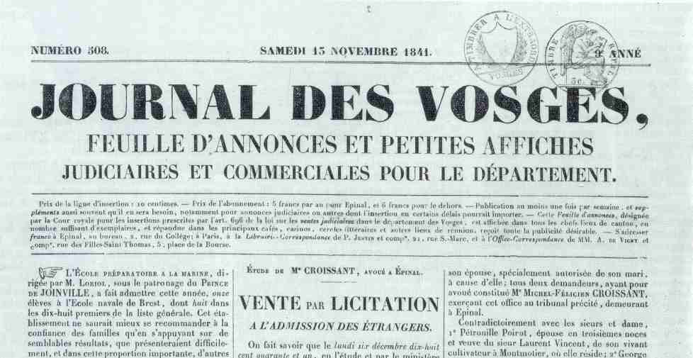 Premire page du <em>Journal des Vosges</em>, imprim  pinal par Alexis Cabasse.