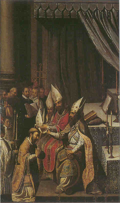 Consécration de Déodat, panneau de bois peint de Claude Bassot (1580-1630) - Retable de l’église d’Hurbache.