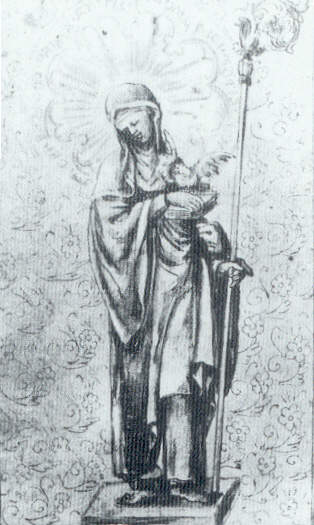 Image de sainte Gébétrude (d’après G. Save, <em>Iconographie des Vosges</em>).