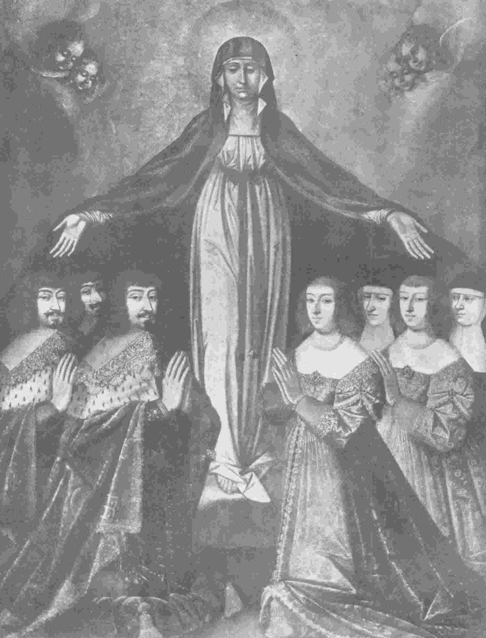 Catherine de Lorraine (2e personnage à droite de la Vierge) en compagnie des membres de la famille ducale. Tableau votif du duc François II (Musée Lorrain, Nancy, 1631)